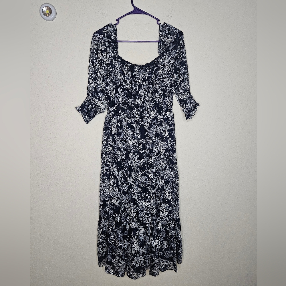 NWT Baltic Born Fabian Jaquard Midi Dress Indigo Print Boho Floral Smocked Puff
